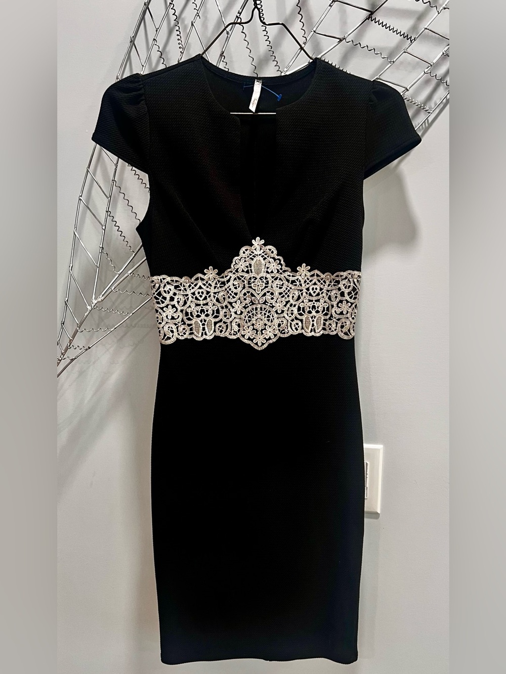 Black Midi Dress with Ivory Lace Waist Detail